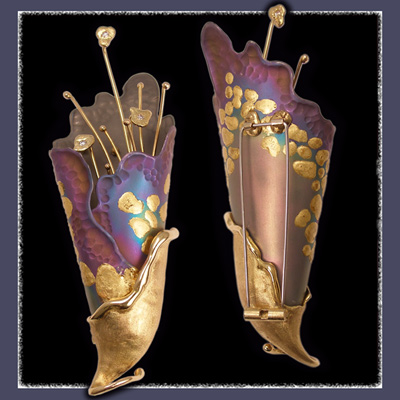 One-Of-A-Kind Collection  - 24 Karat Yellow Gold Leaf, 18 Karat Yellow Gold, Diamonds and Niobium 'Electric Lily' Brooch Image